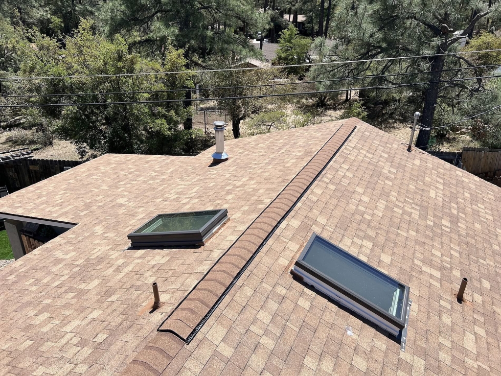 a roof with skylights and chimney