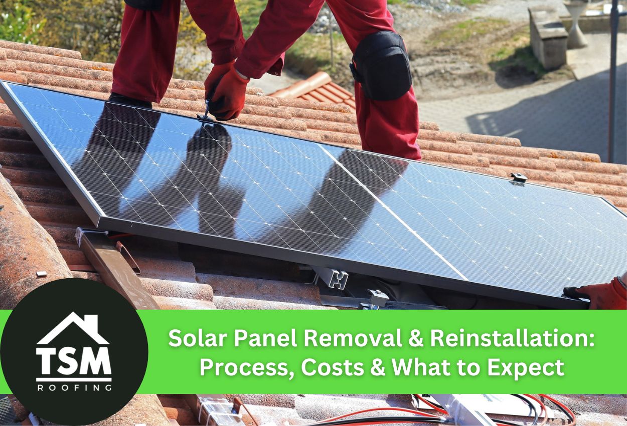 Technician removing a solar panel from rooftop shingles for reinstallation.