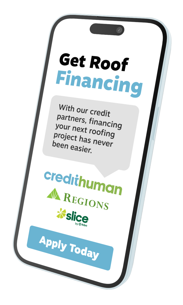 Smartphone showing roofing finance options from credit partners.