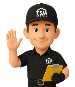 Friendly TSM Roofing contractor cartoon character waving with clipboard in hand