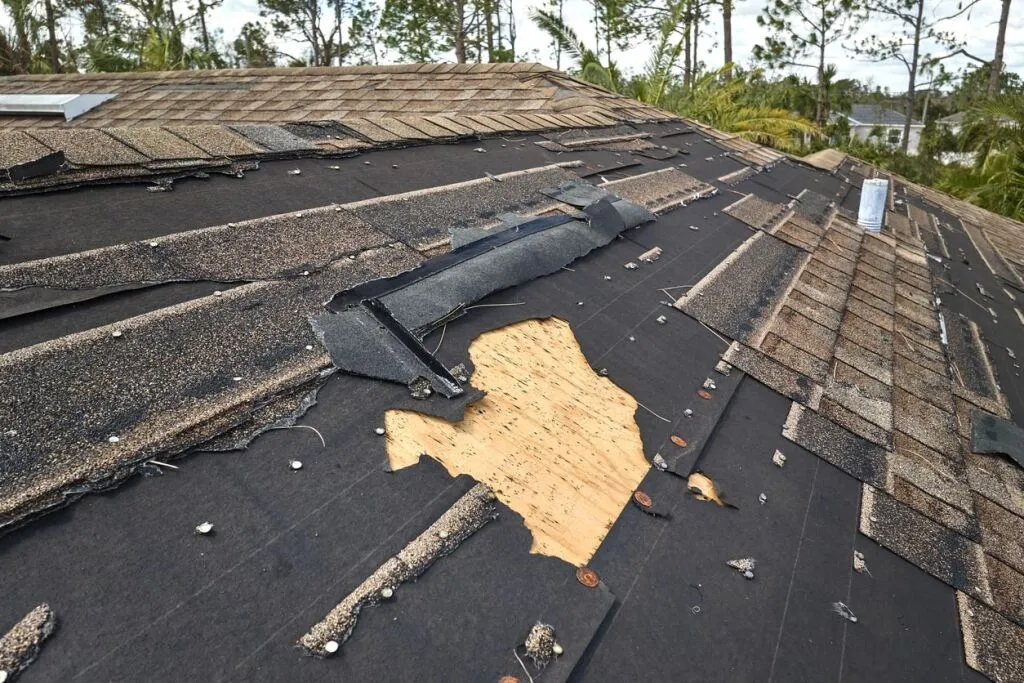 Storm damaged residential roof with missing shingles and exposed plywood decking