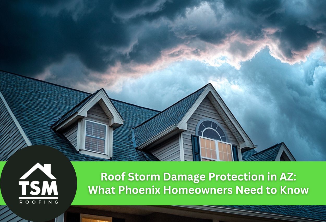 Dramatic storm clouds looming over a house roof in Arizona.