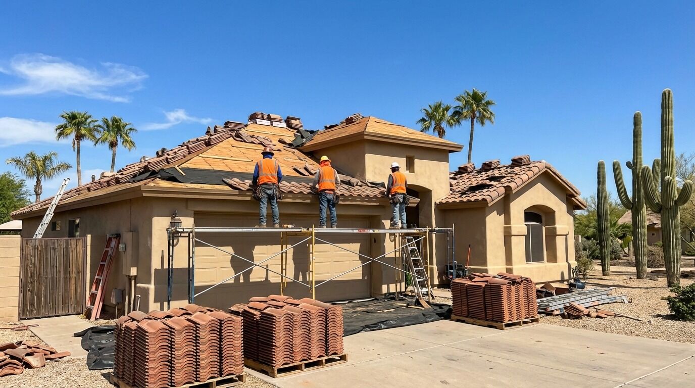 Workers in safety vests perform roofing on a desert home with tile materials.
