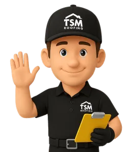 Friendly TSM Roofing contractor cartoon character waving with clipboard in hand