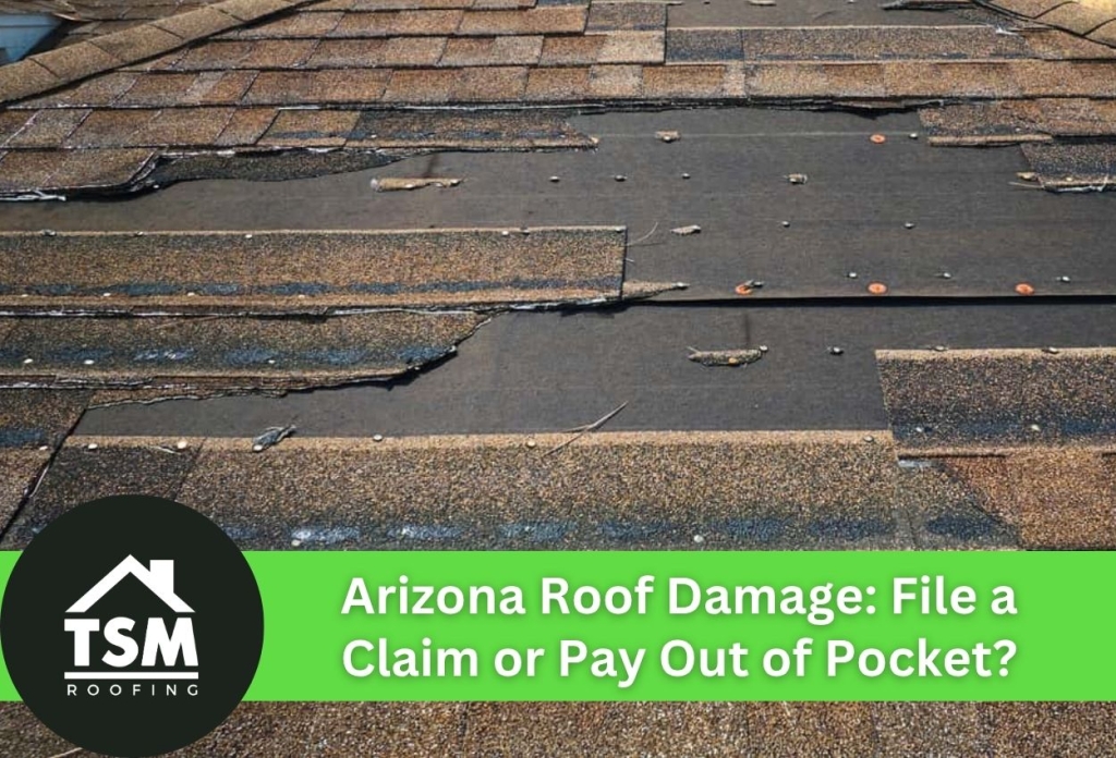 Damaged roof shingles in Arizona with exposed underlayment, needing repair