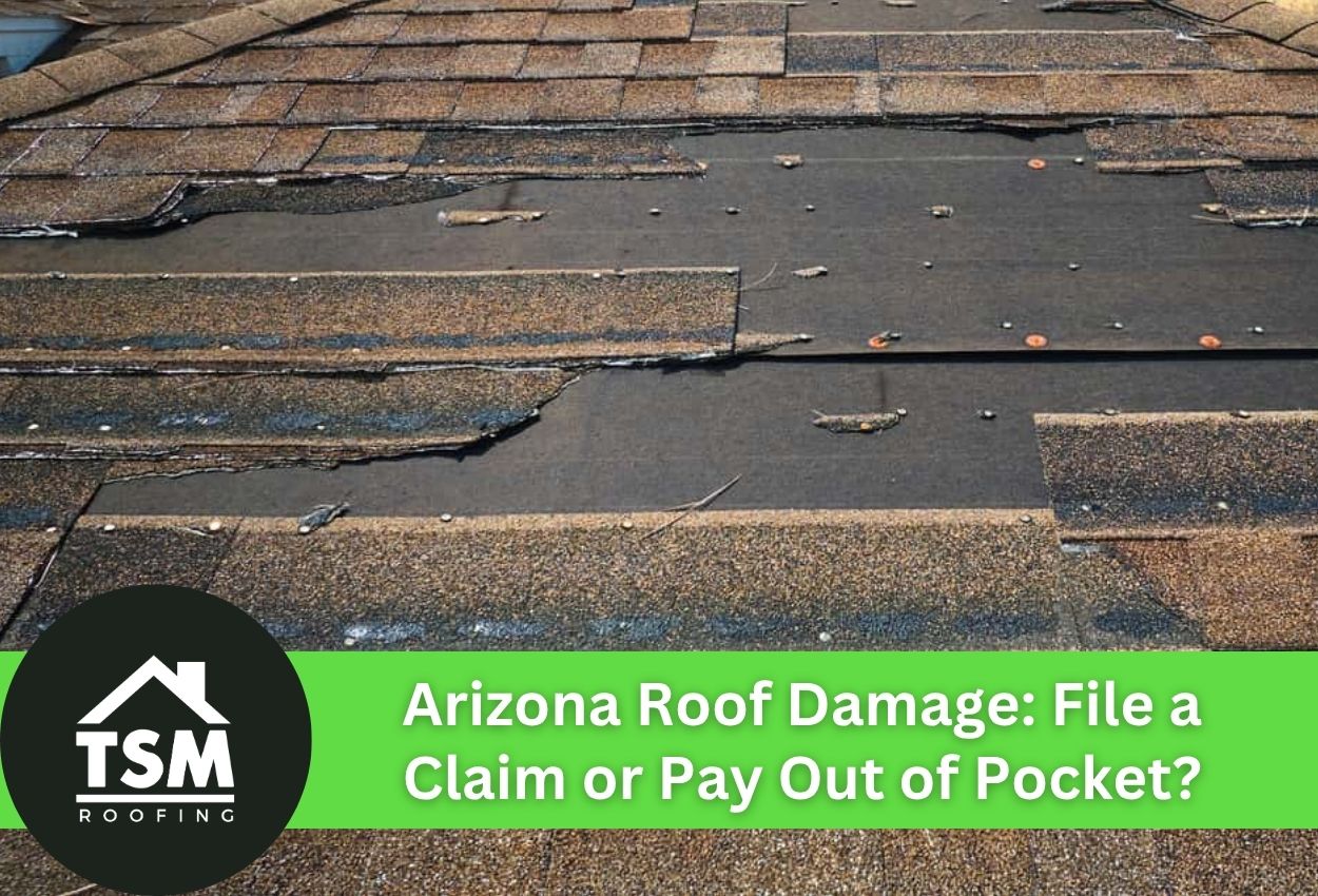 Damaged roof shingles in Arizona with exposed underlayment, needing repair