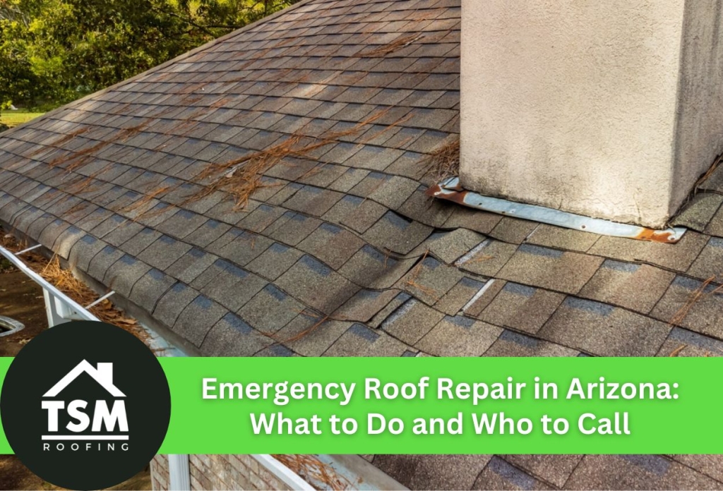 Roof with visible damage and debris needing emergency repair in Arizona.