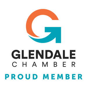 Glendale Chamber Proud Member logo with bold G and blue arrow.