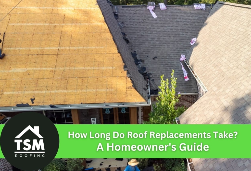 Aerial view of house roof showing partial replacement in progress.
