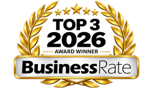 Top 3 2026 award winner logo from BusinessRate with gold laurel and stars.