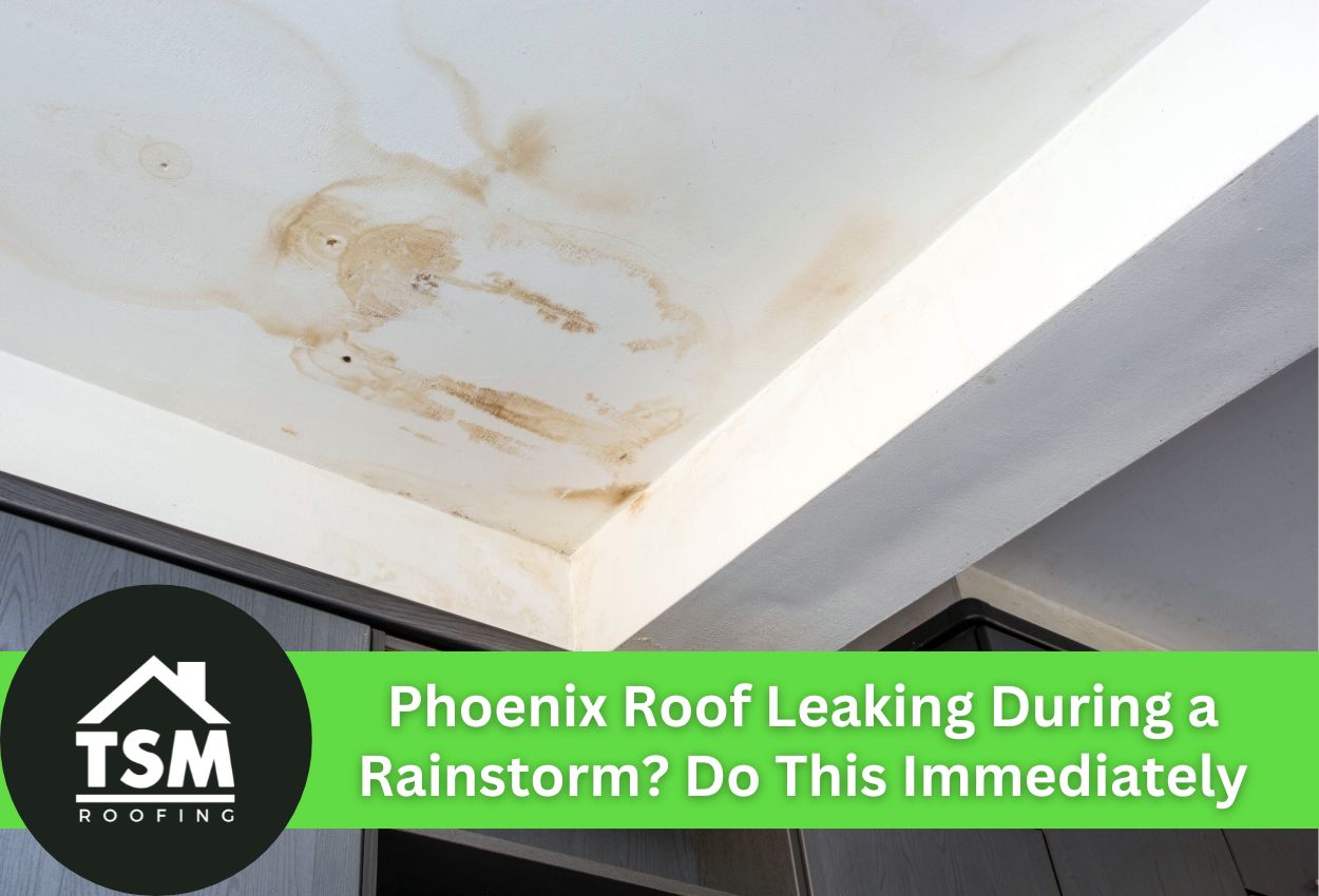 Ceiling water damage from roof leak during heavy rain with stain marks.