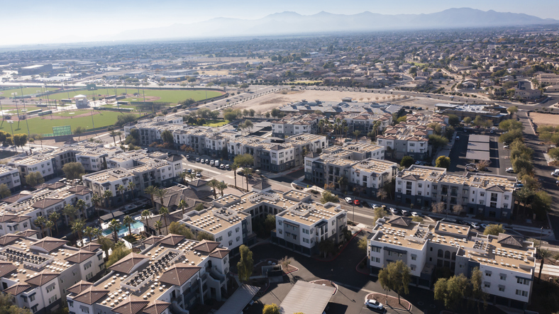Afternoon aerial view of flat roofs in Arizona.