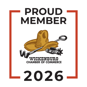 Wickenburg Chamber of Commerce 2026 Proud Member logo with western icons.