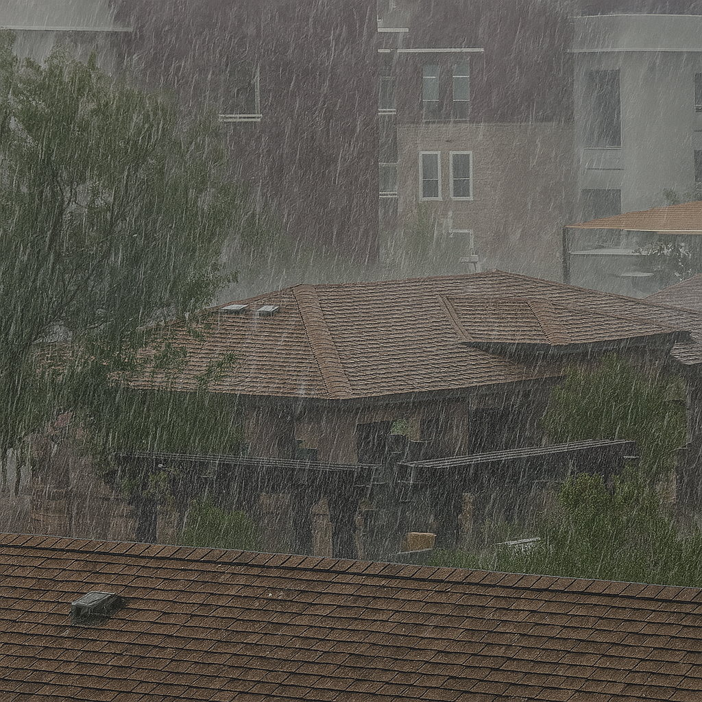 Heavy rain falling on suburban rooftops and surrounding trees