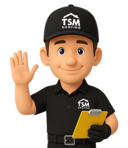 Friendly TSM Roofing contractor cartoon character waving with clipboard in hand