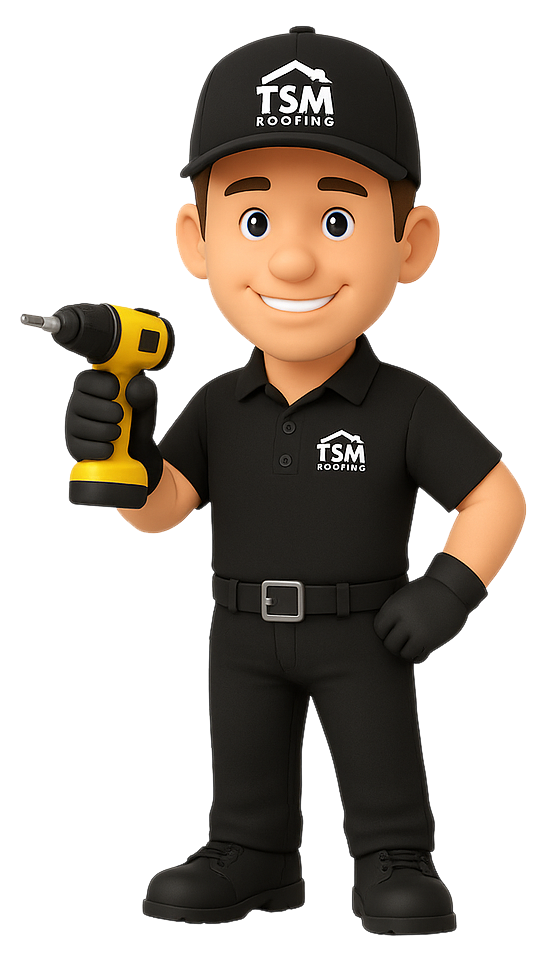 TSM Roofing cartoon mascot holding yellow drill tool in black uniform