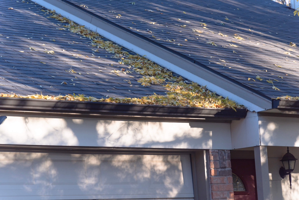 Roof with accumulated fallen leaves in gutter during autumn
